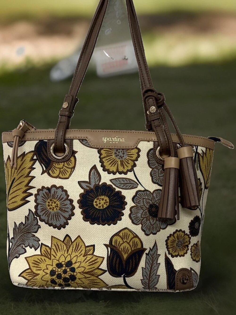 Spartina 449 Yemaya Avery Tote Bag Floral Print Shoulder Purse Linen Leather